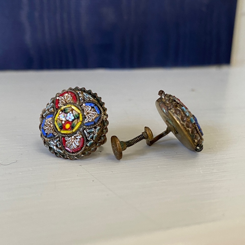 Vintage Screw Back Earrings with Colorful Enamel